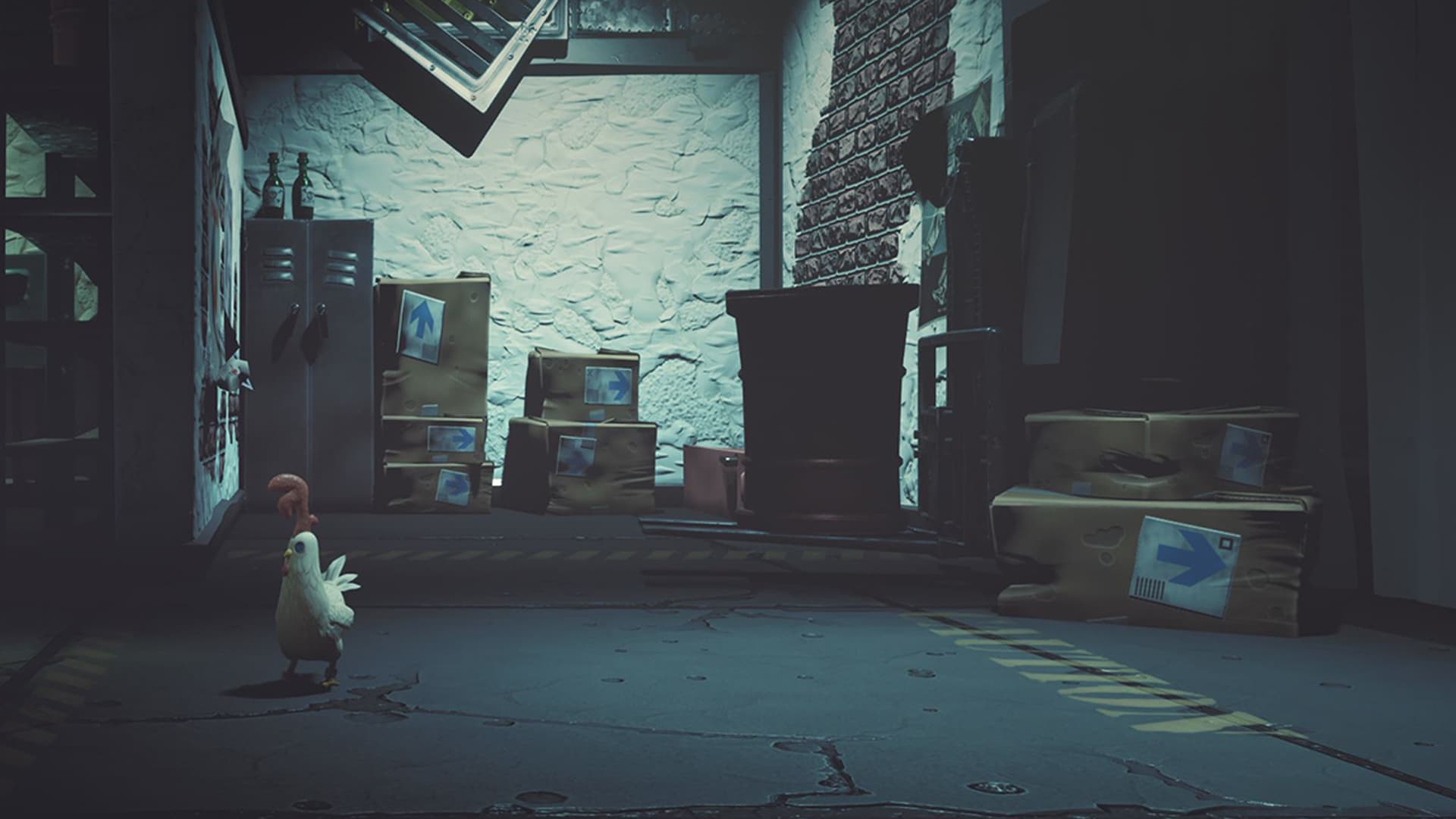 Cluck gameplay — a chicken navigates a dark warehouse